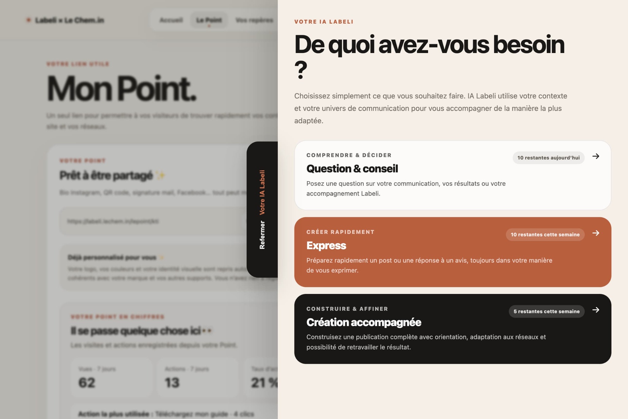 Choix Question et conseil dans l’espace IA Labeli