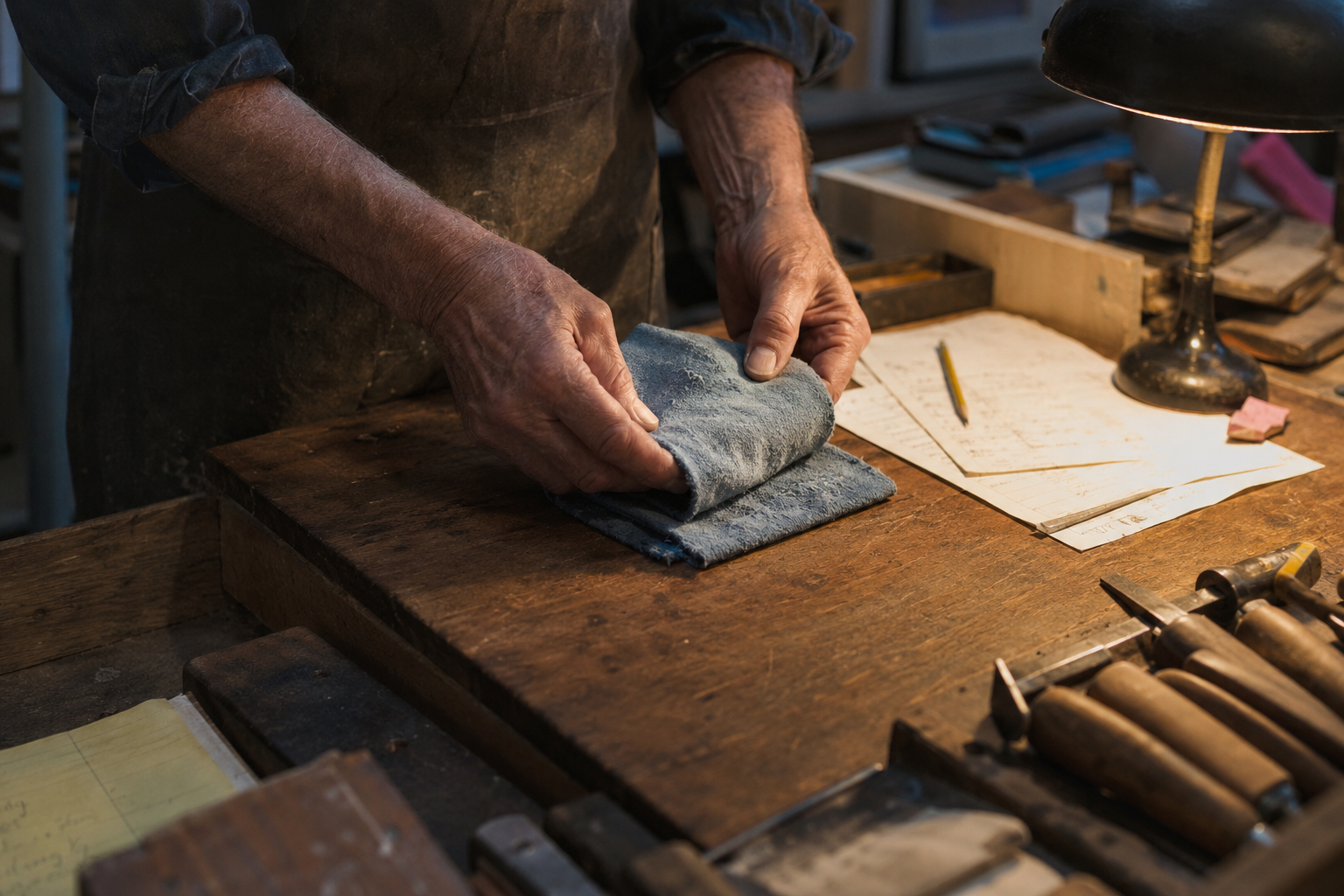 Les mains d’un artisan absorbé par le travail quotidien de son entreprise